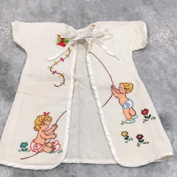 Vintage Infant Baby Robe Hand Painted Satin Tie 3-6 Months - Picture 2 of 10